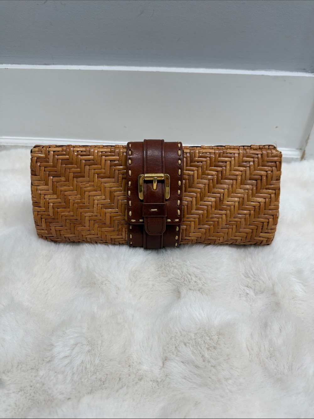 Woven Straw Clutch with Brown Leather Buckle